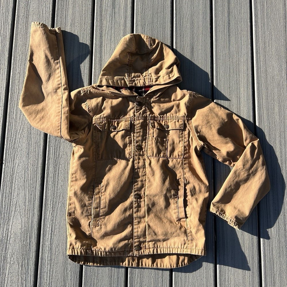 Vtg Walls Duck Canvas Hooded Work Jacket Tan Plaid Lined Chore Coat Men's Small